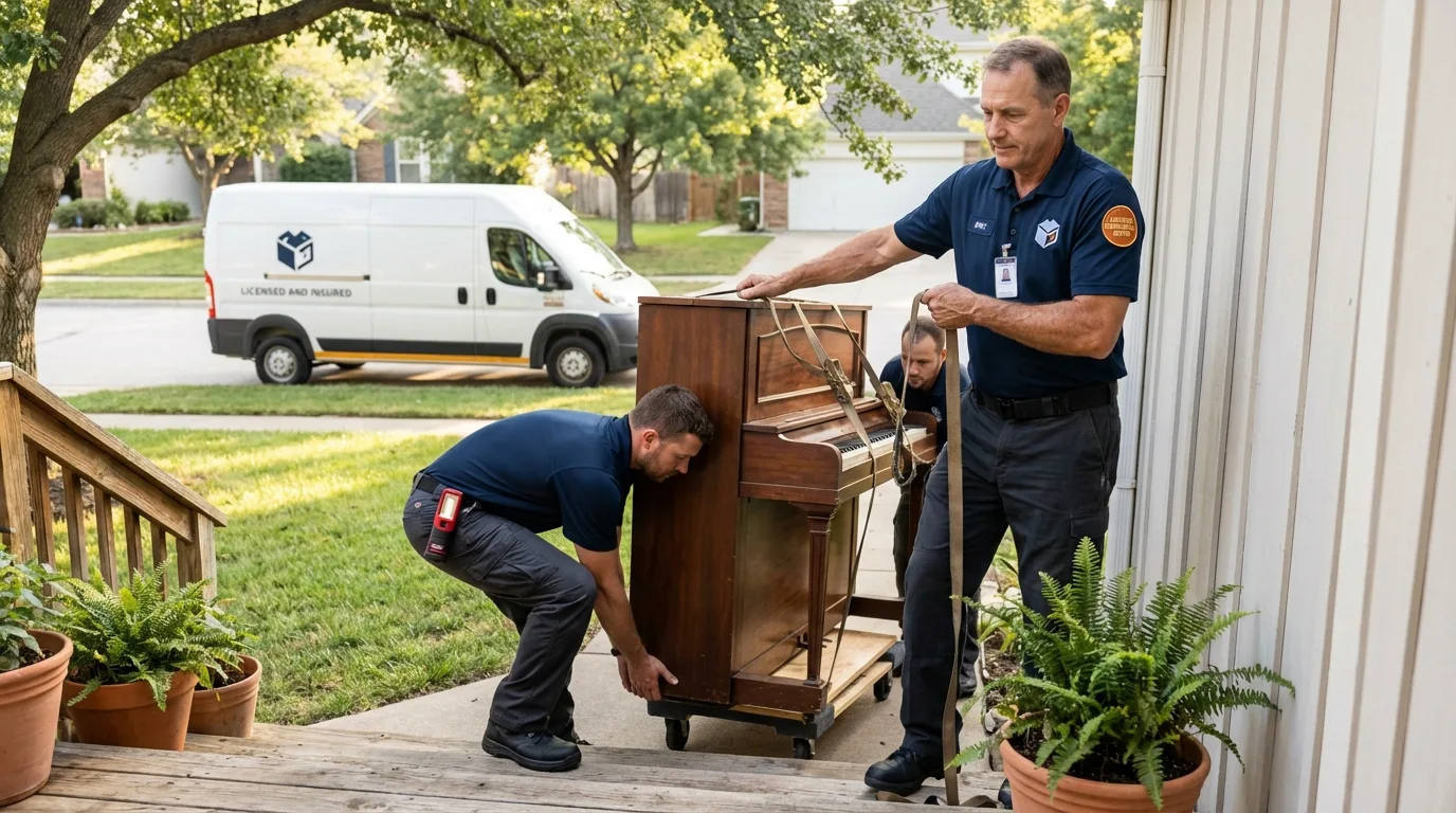 Licensed piano movers securing grand piano in Ansonia, OH