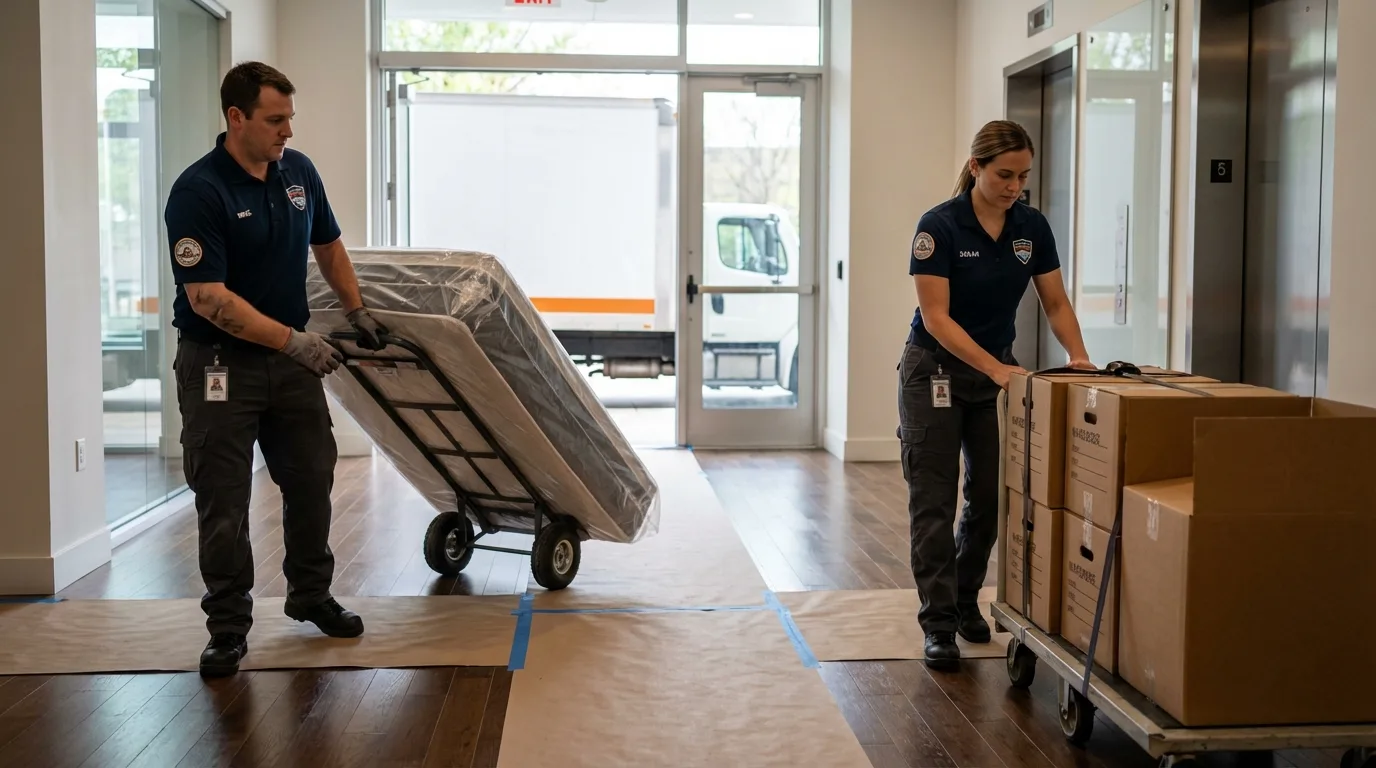 Professional apartment movers loading elevator in Ansonia, OH